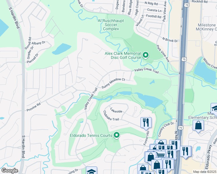 map of restaurants, bars, coffee shops, grocery stores, and more near 2615 Sunny Meadow Court in McKinney