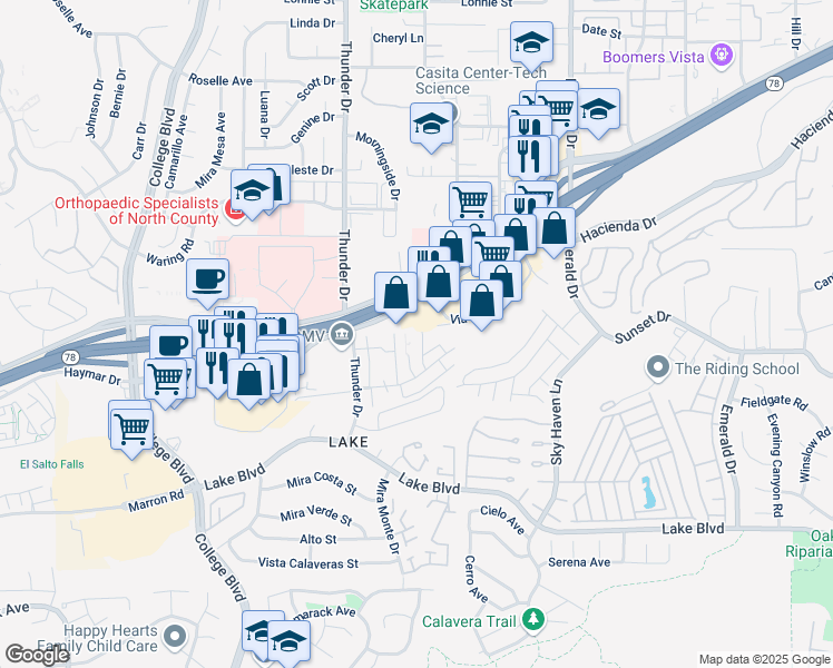 map of restaurants, bars, coffee shops, grocery stores, and more near 3404 Los Mochis Way in Oceanside