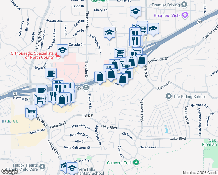 map of restaurants, bars, coffee shops, grocery stores, and more near 3401 Del Este Way in Oceanside