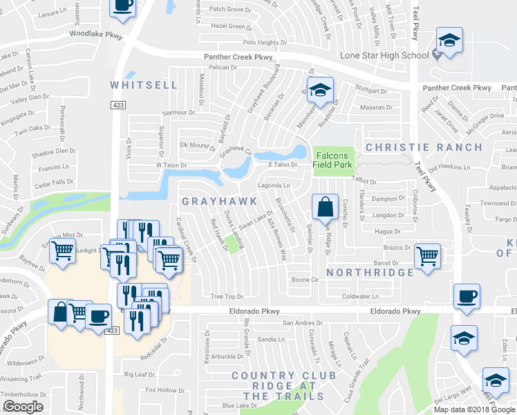 map of restaurants, bars, coffee shops, grocery stores, and more near 12661 Alfa Romeo Way in Frisco