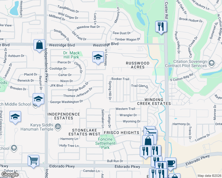 map of restaurants, bars, coffee shops, grocery stores, and more near 12908 Spring Hill Drive in Frisco