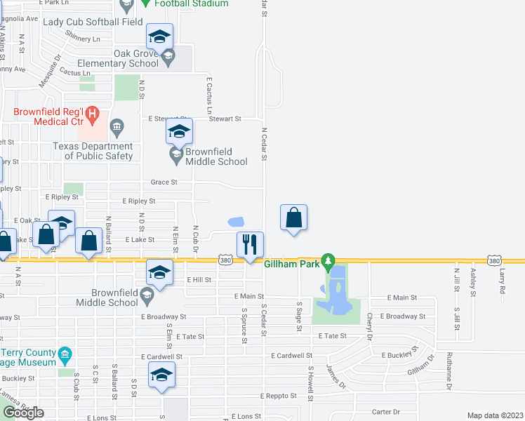 map of restaurants, bars, coffee shops, grocery stores, and more near 521 North Cedar Street in Brownfield