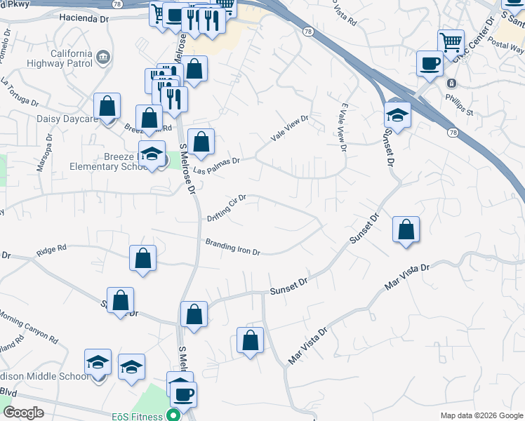 map of restaurants, bars, coffee shops, grocery stores, and more near 760 Rocking Horse Road in Vista