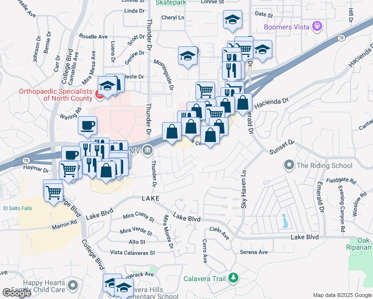 map of restaurants, bars, coffee shops, grocery stores, and more near 3425 Del Este Way in Oceanside