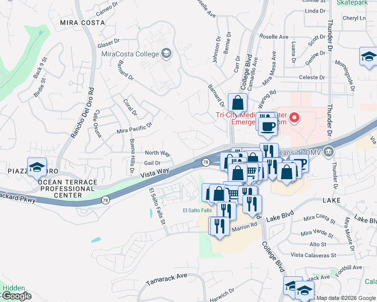 map of restaurants, bars, coffee shops, grocery stores, and more near 3836-3848 Vista Way in Oceanside