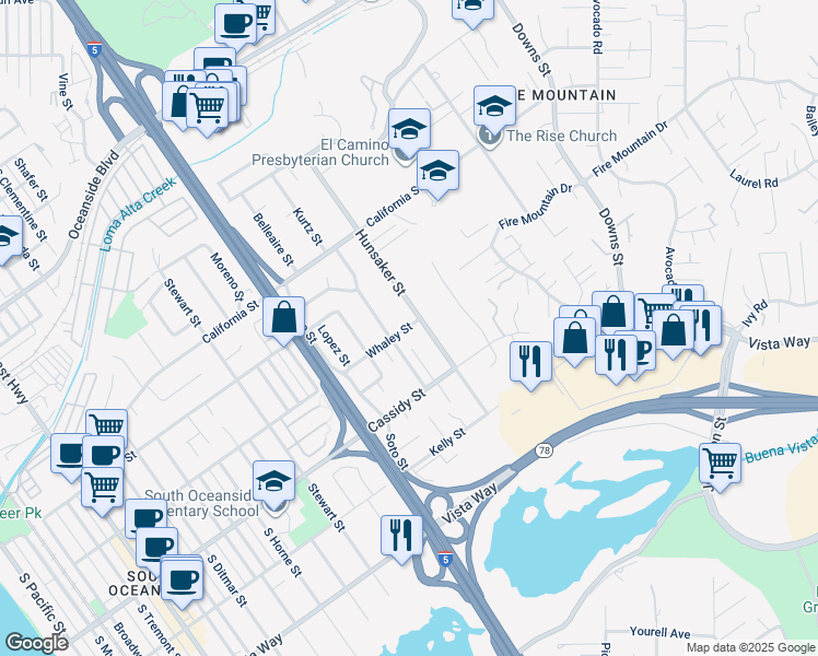 map of restaurants, bars, coffee shops, grocery stores, and more near 1710 Kurtz Street in Oceanside