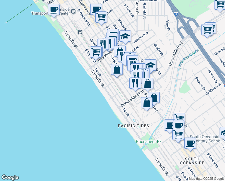 map of restaurants, bars, coffee shops, grocery stores, and more near 1036 South Pacific Street in Oceanside