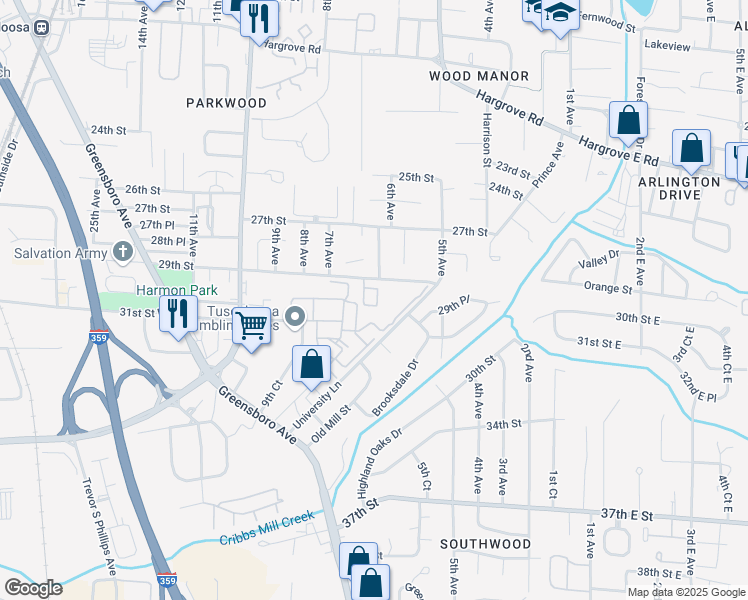 map of restaurants, bars, coffee shops, grocery stores, and more near 714 University Lane in Tuscaloosa