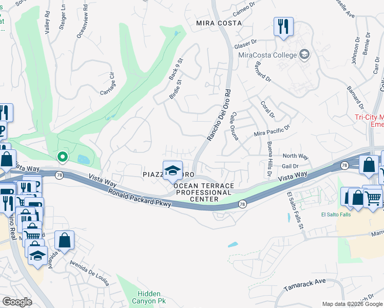 map of restaurants, bars, coffee shops, grocery stores, and more near 321 Diamante Way in Oceanside