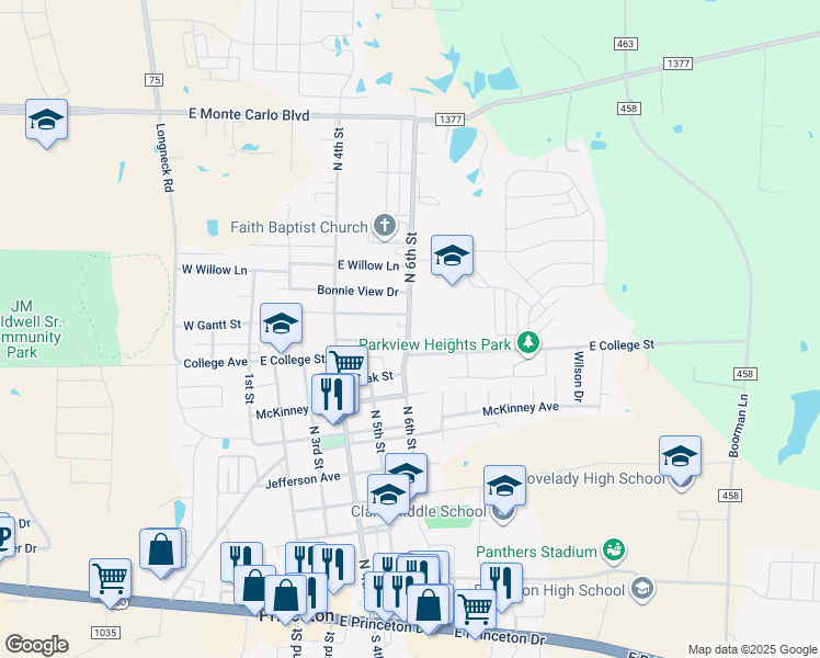 map of restaurants, bars, coffee shops, grocery stores, and more near 1019 North 6th Street in Princeton