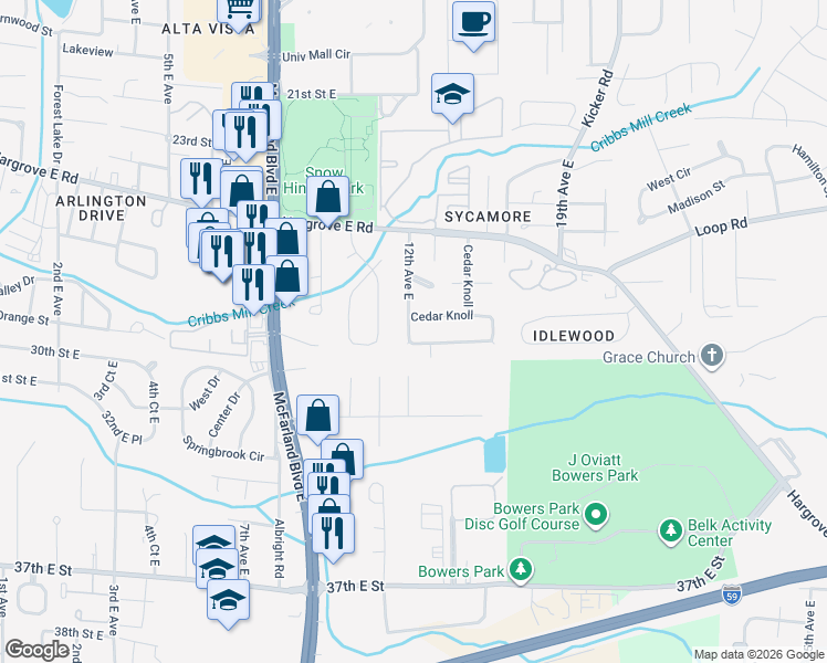 map of restaurants, bars, coffee shops, grocery stores, and more near 36 Cedar Knoll in Tuscaloosa