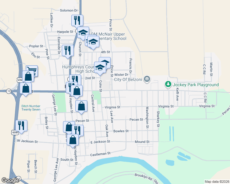 map of restaurants, bars, coffee shops, grocery stores, and more near 603 Rutherford Street in Belzoni