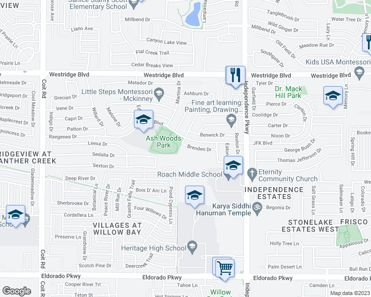 map of restaurants, bars, coffee shops, grocery stores, and more near 10249 Brenden Drive in McKinney