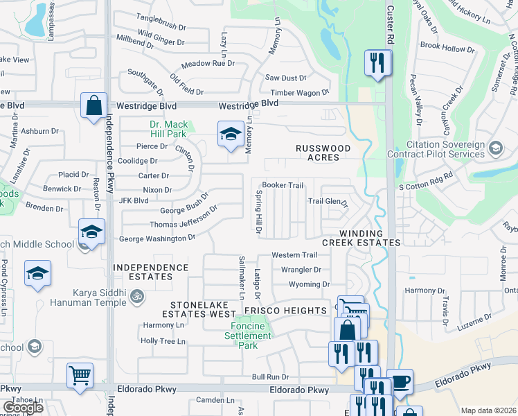map of restaurants, bars, coffee shops, grocery stores, and more near 12908 Spring Hill Drive in Frisco
