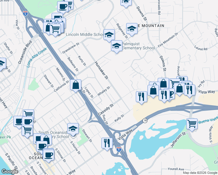map of restaurants, bars, coffee shops, grocery stores, and more near 1710 Kurtz Street in Oceanside