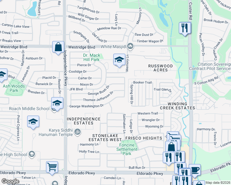 map of restaurants, bars, coffee shops, grocery stores, and more near 9601 Thomas Jefferson Drive in McKinney