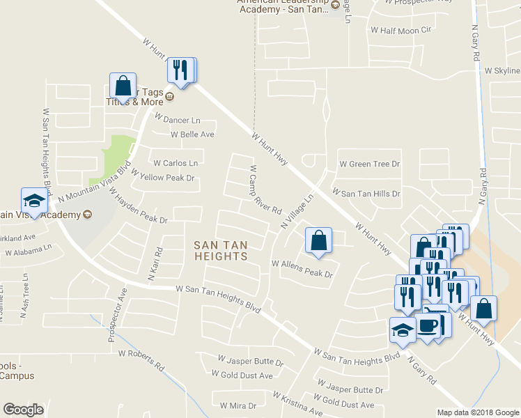 map of restaurants, bars, coffee shops, grocery stores, and more near 2713 West Camp River Road in Queen Creek