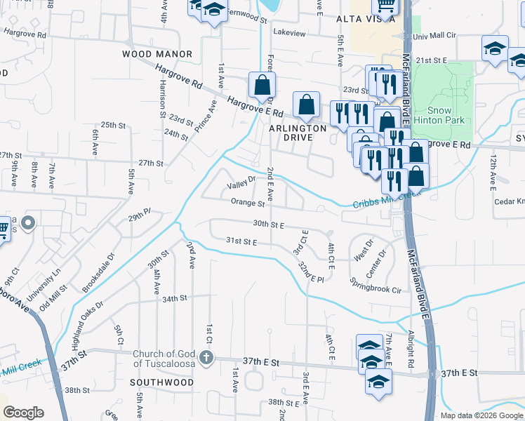 map of restaurants, bars, coffee shops, grocery stores, and more near 103 30th Street East in Tuscaloosa