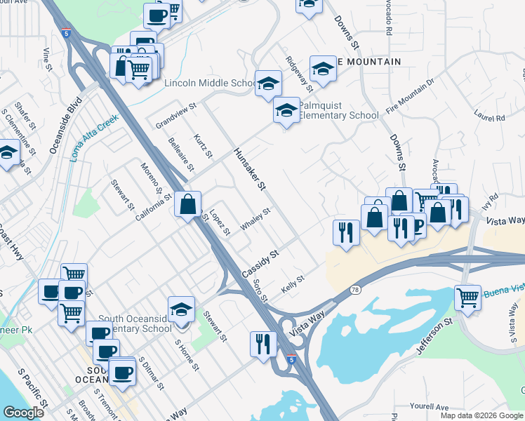 map of restaurants, bars, coffee shops, grocery stores, and more near 1756 Whaley Street in Oceanside
