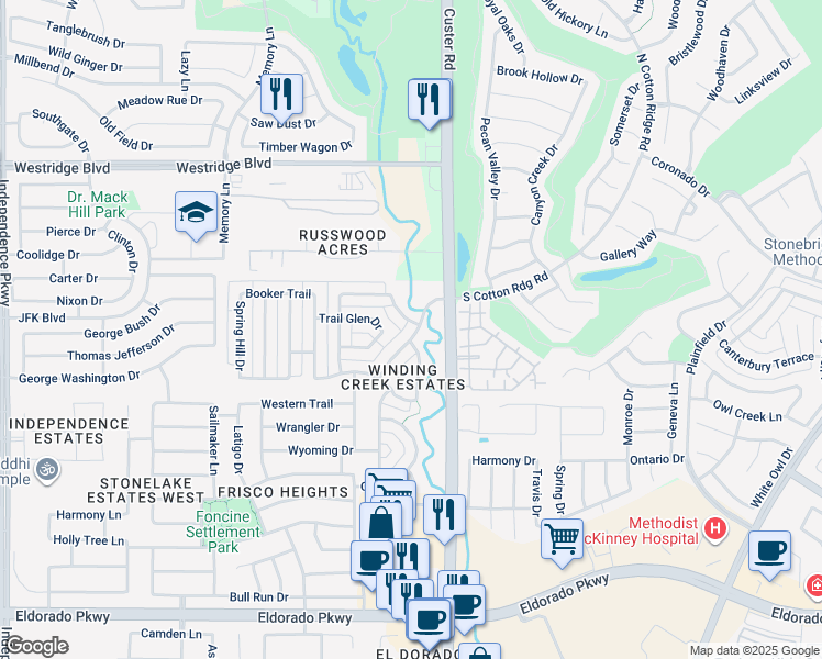 map of restaurants, bars, coffee shops, grocery stores, and more near 12891 Winding Creek Drive in Frisco
