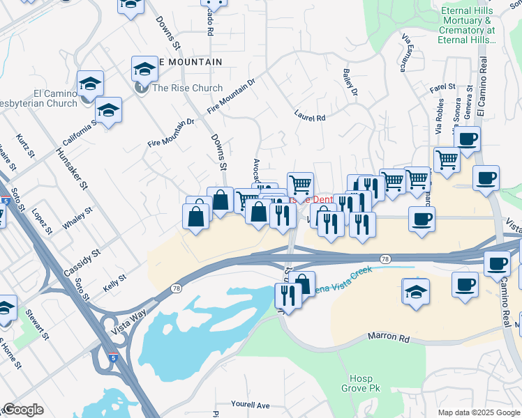 map of restaurants, bars, coffee shops, grocery stores, and more near 1947 Ivy Road in Oceanside