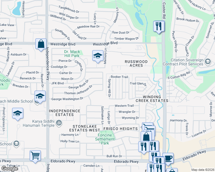 map of restaurants, bars, coffee shops, grocery stores, and more near 12937 Spring Hill Drive in Frisco