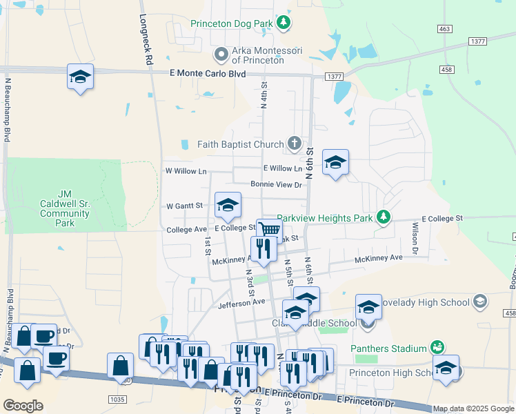 map of restaurants, bars, coffee shops, grocery stores, and more near 906 North 4th Street in Princeton