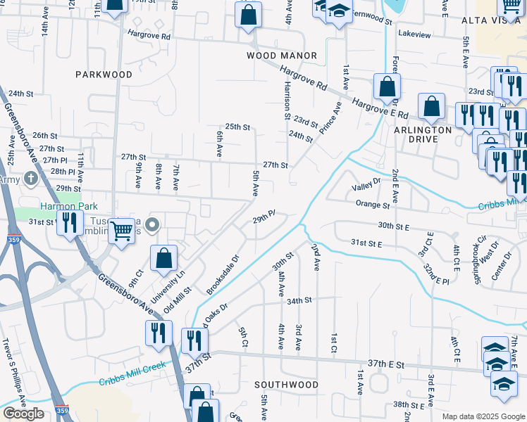 map of restaurants, bars, coffee shops, grocery stores, and more near 2910 5th Avenue in Tuscaloosa