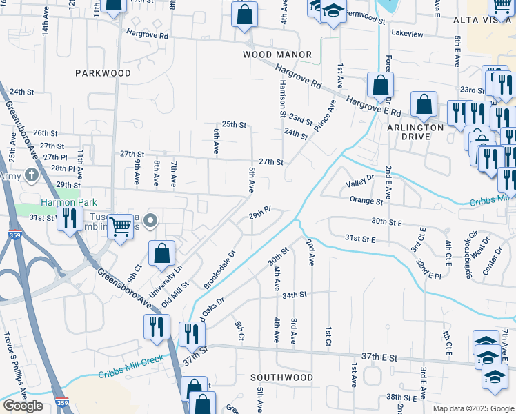 map of restaurants, bars, coffee shops, grocery stores, and more near 2910 5th Avenue in Tuscaloosa
