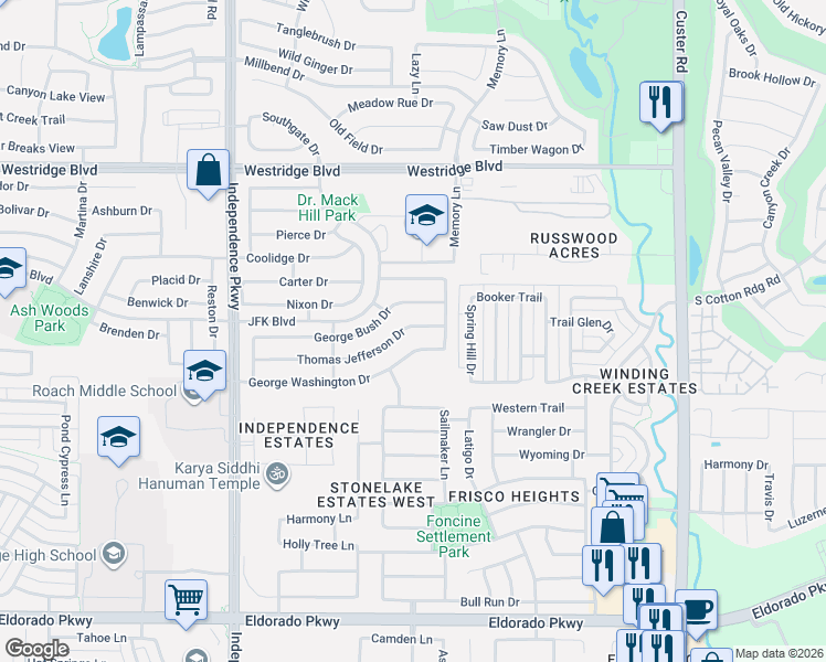 map of restaurants, bars, coffee shops, grocery stores, and more near 9601 Thomas Jefferson Drive in McKinney