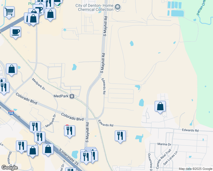 map of restaurants, bars, coffee shops, grocery stores, and more near 3900 Quailcreek Road in Denton