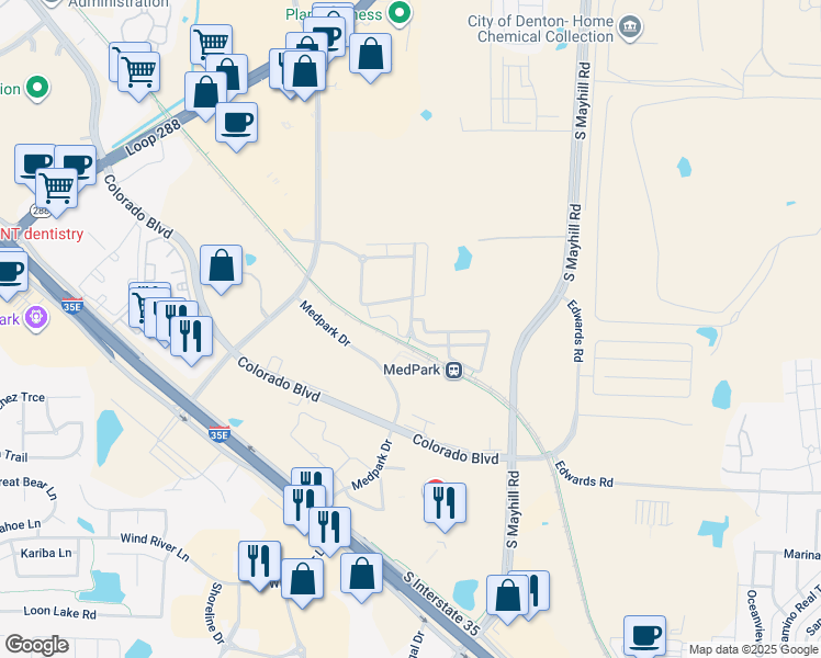 map of restaurants, bars, coffee shops, grocery stores, and more near in Denton