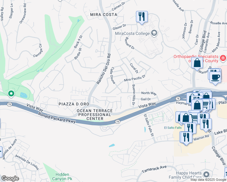 map of restaurants, bars, coffee shops, grocery stores, and more near 3551 Mira Pacific Drive in Oceanside