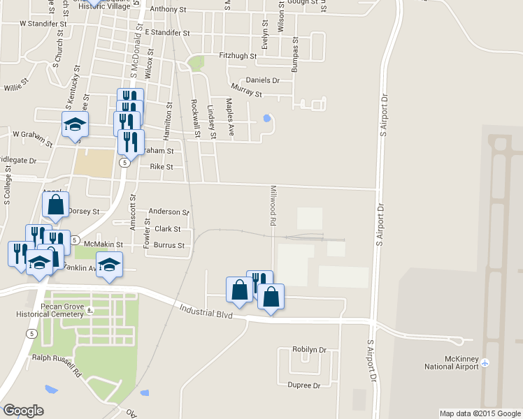 map of restaurants, bars, coffee shops, grocery stores, and more near 1324 Millwood Road in McKinney