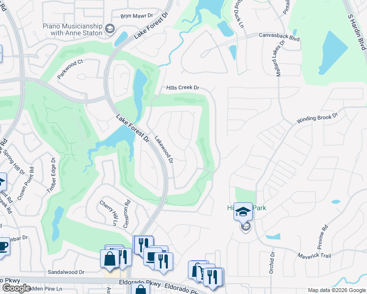 map of restaurants, bars, coffee shops, grocery stores, and more near 4905 South Meadow Ridge Circle in McKinney