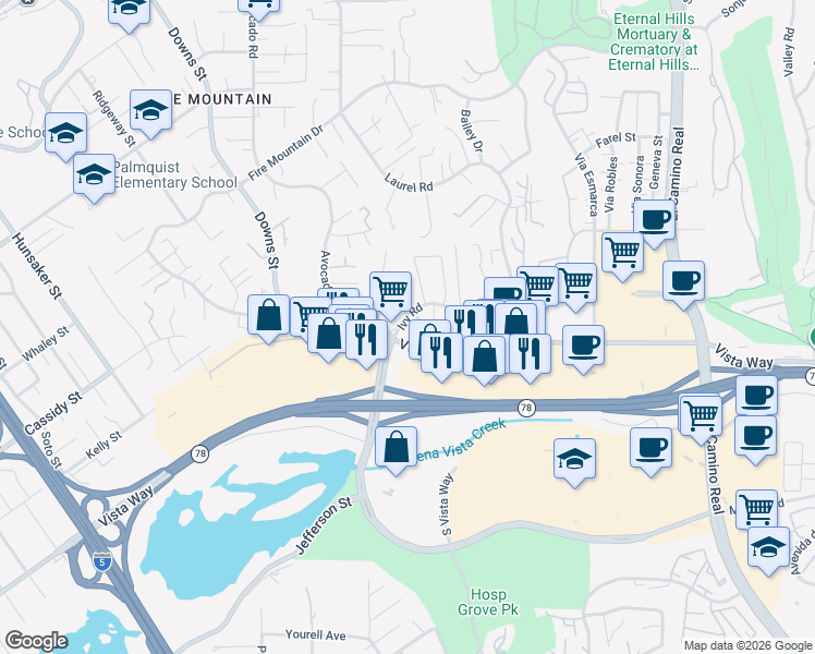 map of restaurants, bars, coffee shops, grocery stores, and more near 2201 Vista Way in Oceanside