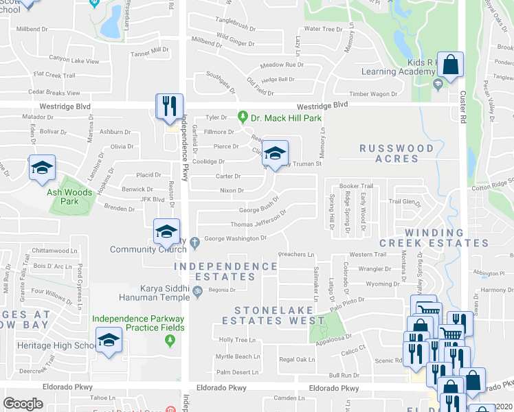 map of restaurants, bars, coffee shops, grocery stores, and more near 9808 George Bush Drive in McKinney
