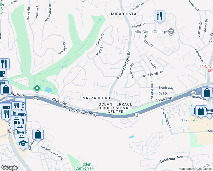 map of restaurants, bars, coffee shops, grocery stores, and more near 301 Diamante Way in Oceanside