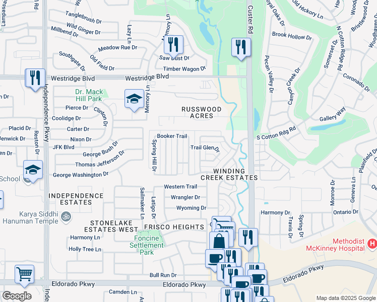 map of restaurants, bars, coffee shops, grocery stores, and more near 12960 Brook Ridge Drive in Frisco