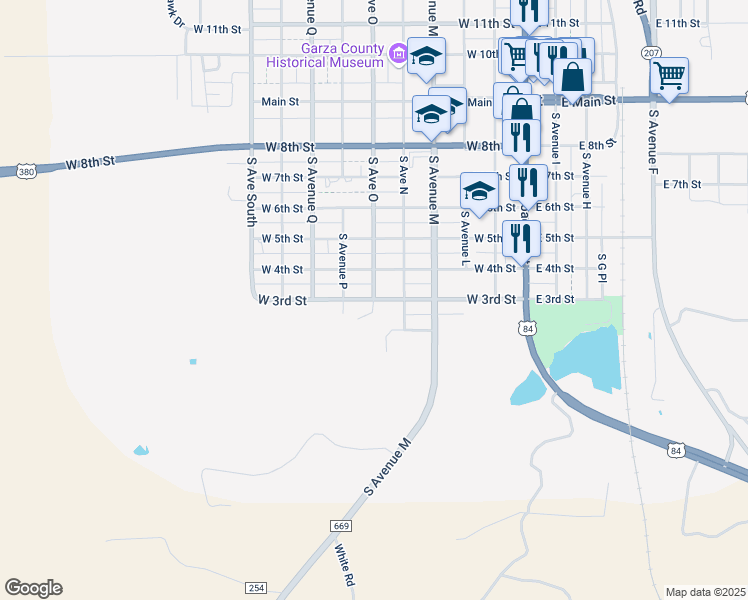 map of restaurants, bars, coffee shops, grocery stores, and more near 700 South Avenue O in Post
