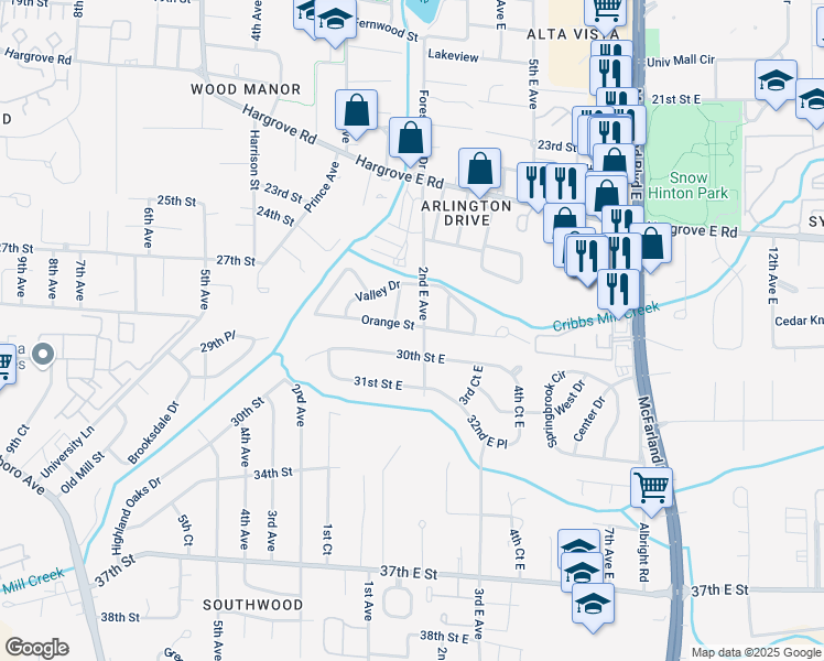 map of restaurants, bars, coffee shops, grocery stores, and more near 124 Orange Street East in Tuscaloosa