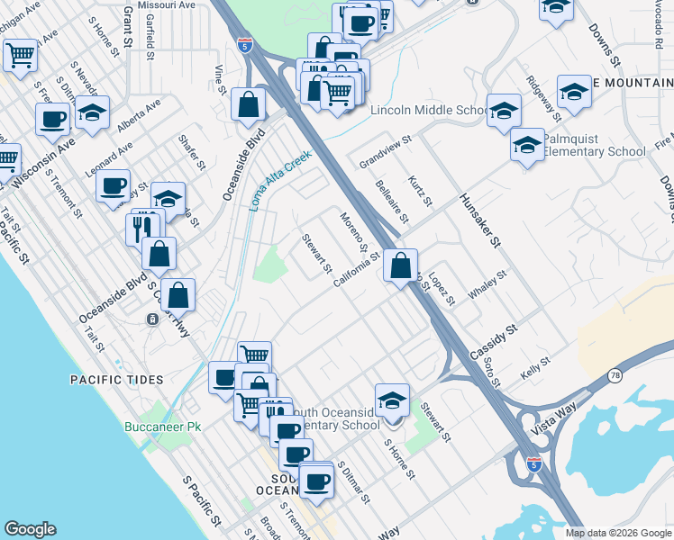 map of restaurants, bars, coffee shops, grocery stores, and more near 1474 Stewart Street in Oceanside