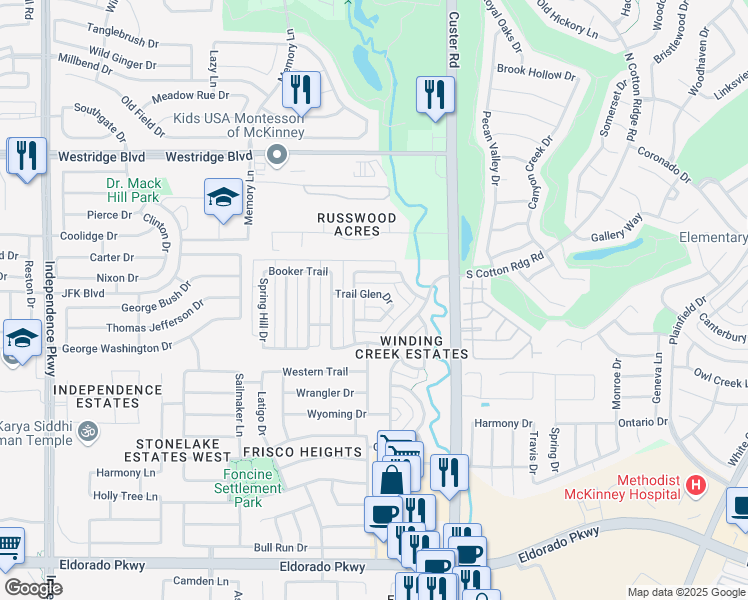 map of restaurants, bars, coffee shops, grocery stores, and more near 15887 Trail Glen Drive in Frisco