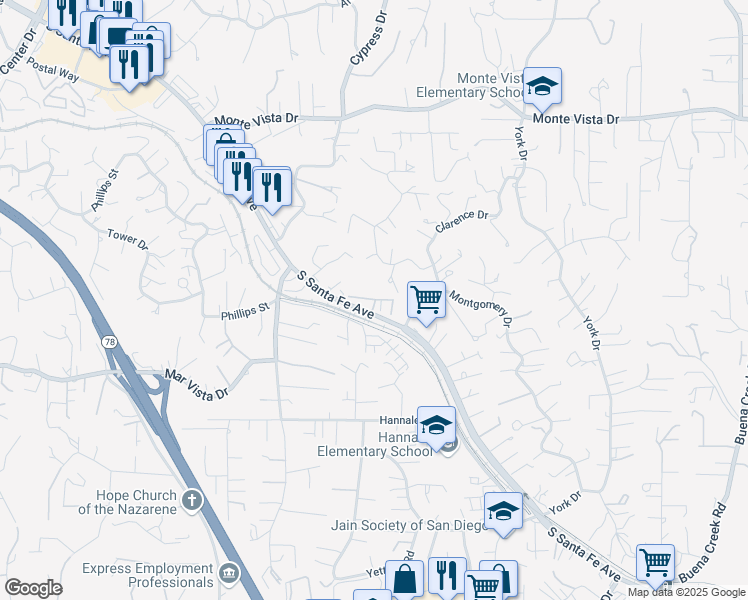 map of restaurants, bars, coffee shops, grocery stores, and more near 1470 South Santa Fe Avenue in Vista