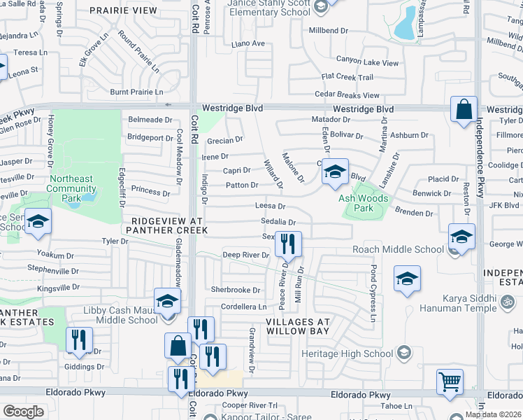 map of restaurants, bars, coffee shops, grocery stores, and more near 10801 Leesa Drive in McKinney