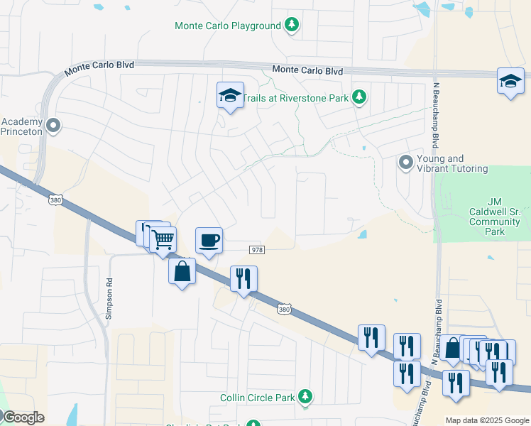 map of restaurants, bars, coffee shops, grocery stores, and more near 702 Rustic Meadows Trail in Princeton
