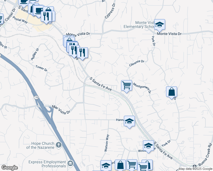 map of restaurants, bars, coffee shops, grocery stores, and more near 1325 Barbara Drive in Vista