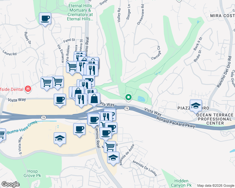 map of restaurants, bars, coffee shops, grocery stores, and more near 3173 Camino Crest Drive in Oceanside