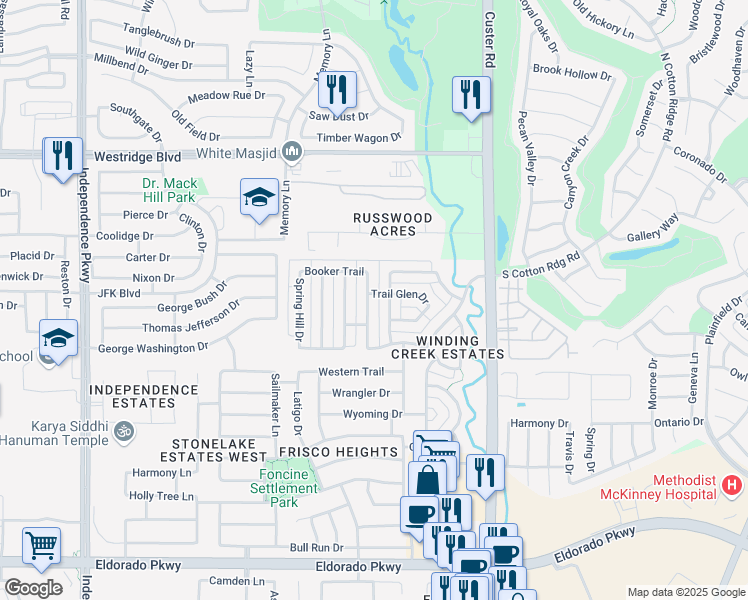 map of restaurants, bars, coffee shops, grocery stores, and more near 12960 Brook Ridge Drive in Frisco