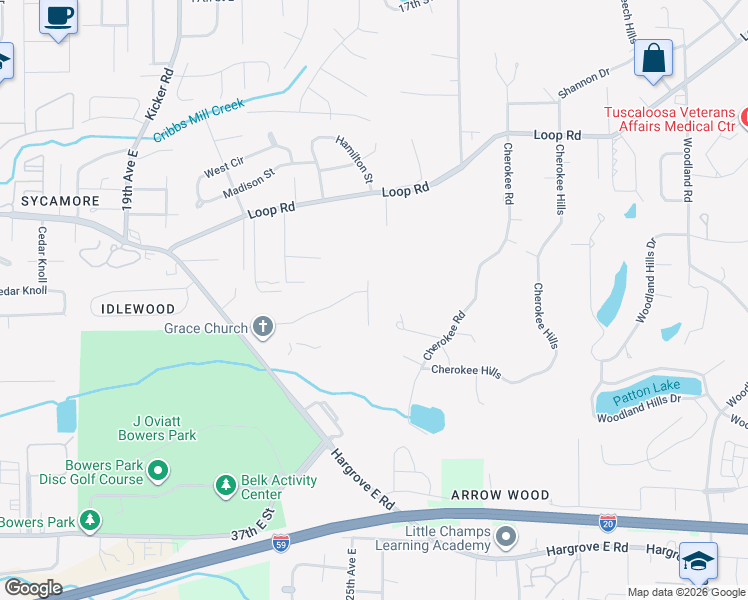 map of restaurants, bars, coffee shops, grocery stores, and more near 11 Valleyview Circle in Tuscaloosa